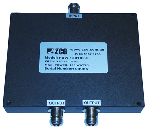2-way wilkinson FM power splitter, 130-180 MHz, 100 watt, >20dB isolation per port,